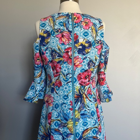 NICOLE MILLER Floral-Print Leaf‎ Turquoise Cold-Shoulder Sheath Cocktail Dress - Picture 7 of 15